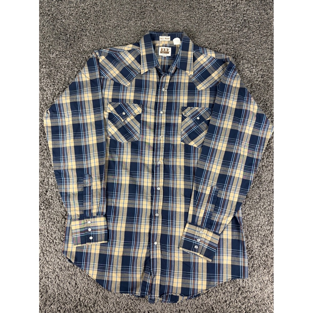 Ely Cattleman Mens Tall LT Navy Tan Plaid Western Pearl Snap Shirt 202907TL
